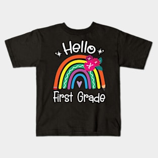 Hearts Pencil Rainbow Student Back School Hello First Grade Kids T-Shirt